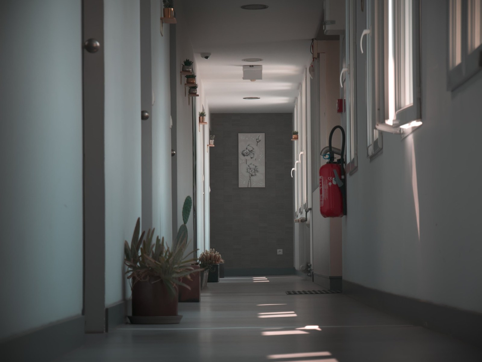 Un couloir de l'Hôtel Le Risle baigné de lumière